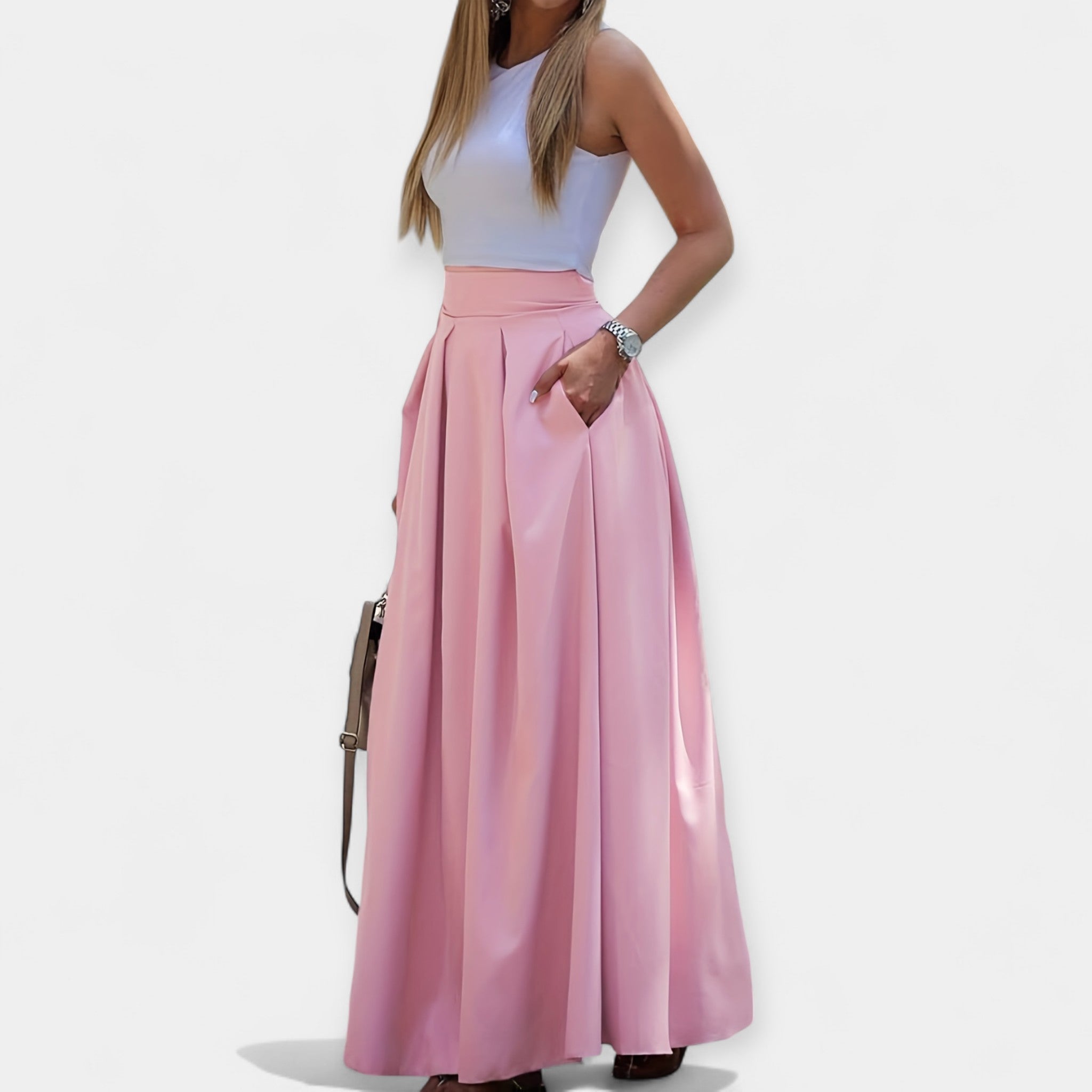 Pink midi skirt with pleated A-line design and wide waistband