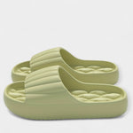 All-season slippers, light green molded slip-on slides with textured footbed and wide strap