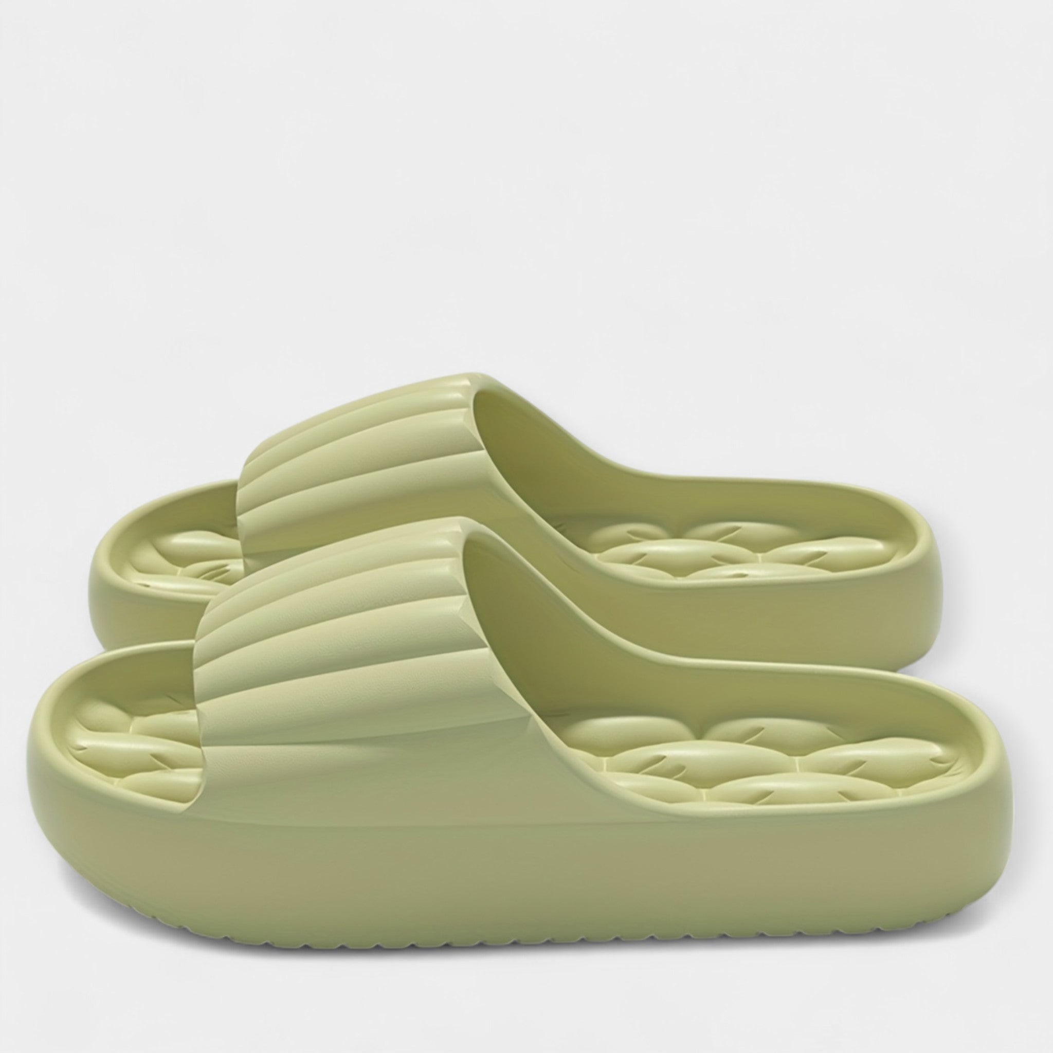 All-season slippers, light green molded slip-on slides with textured footbed and wide strap