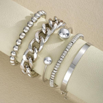 Silver-tone overlapping bracelet set with chunky chain links and beaded cuffs (5 pcs)