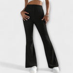 Black ribbed knit high-waist flare pants, full length with wide bell-leg