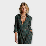 Women’s dark green plaid shirt dress, V-neck with buttons, long collar, 3/4 sleeves