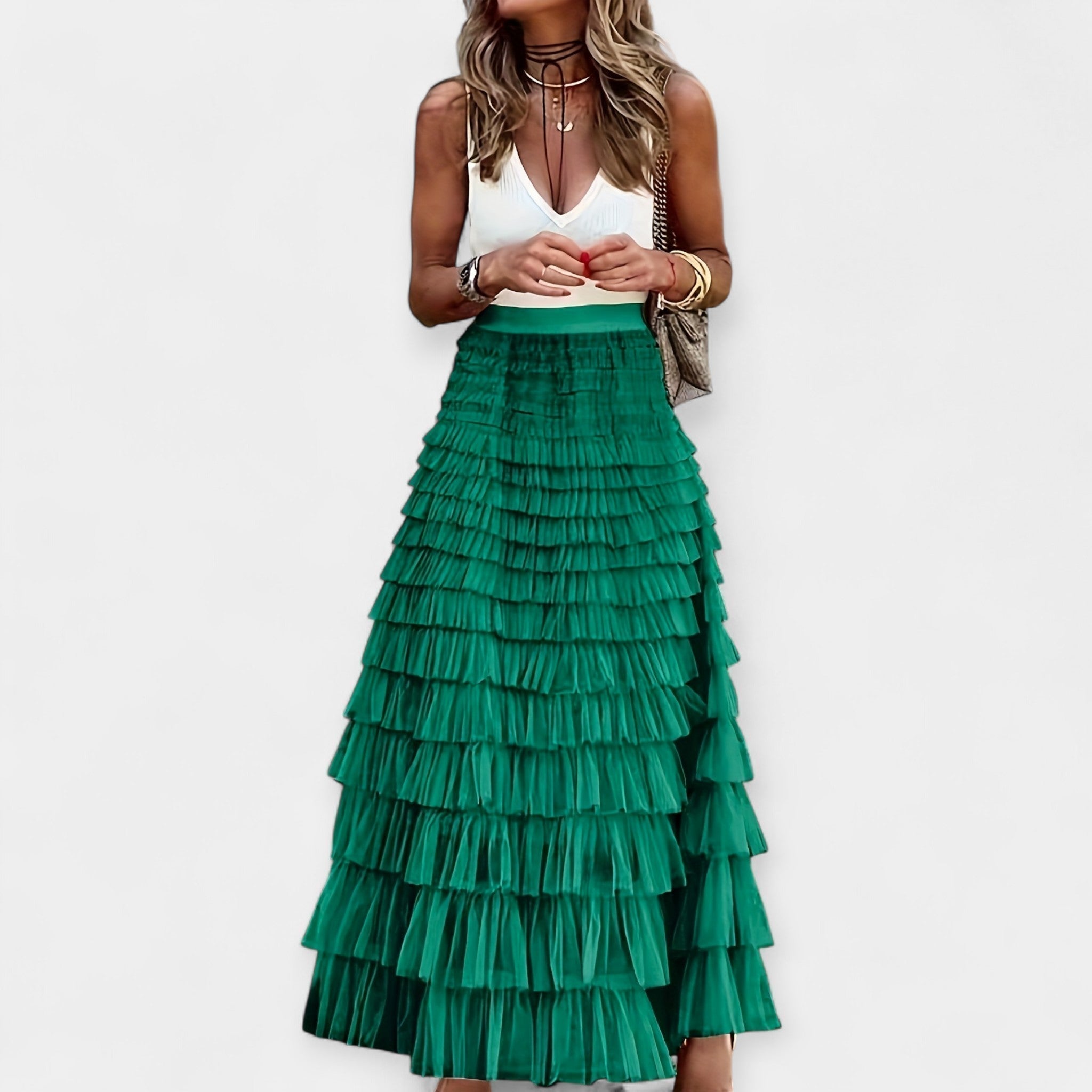 Boho mesh-trim tiered skirt in dark green, layered ruffle tiers with gathered waist