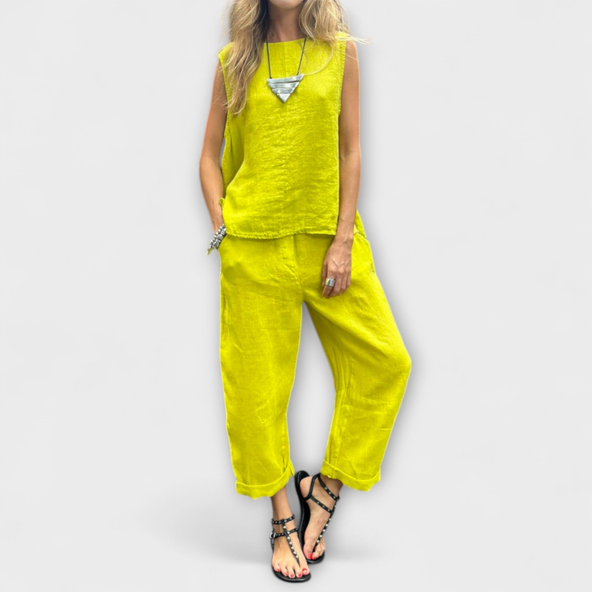 Yellow sleeveless top and wide-leg pants set, linen-cotton blend