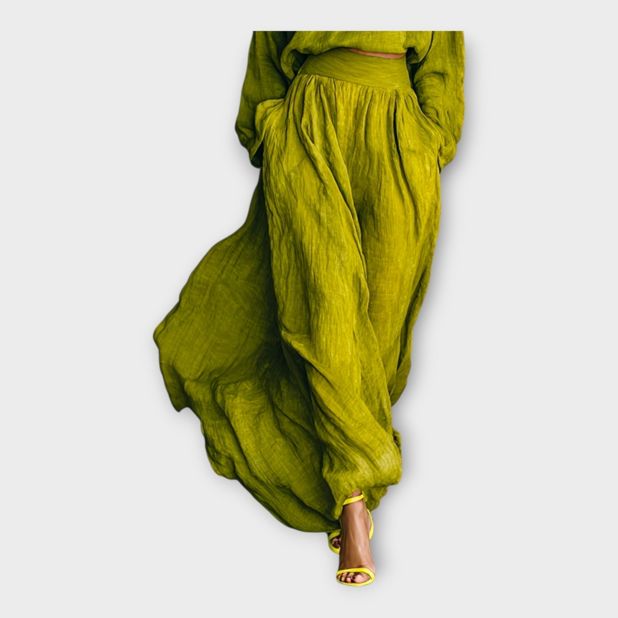Green high-waist pleated maxi skirt with matching knit turtleneck sweater set