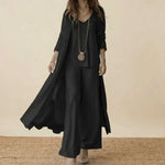 Black 3-piece set with long duster, tunic top, and wide-leg trousers.