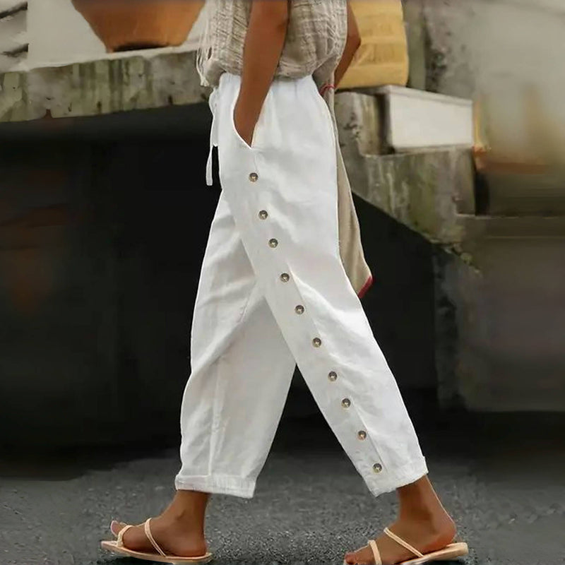 Dorin straight-leg trousers with drawstring waist and side buttons, white