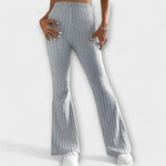 Grey ribbed knit high-waist flared pants, straight wide leg silhouette