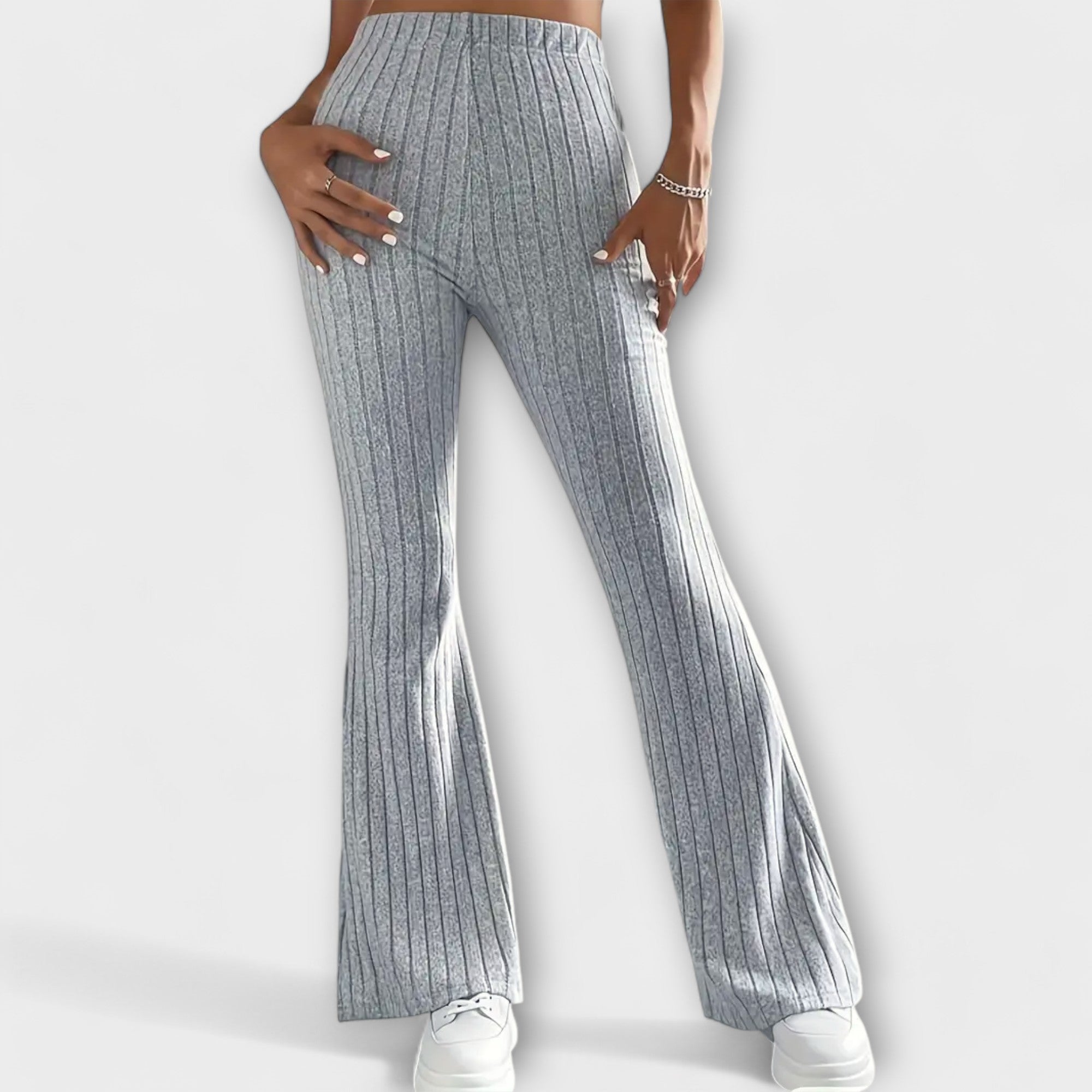 Grey ribbed knit high-waist flared pants, straight wide leg silhouette