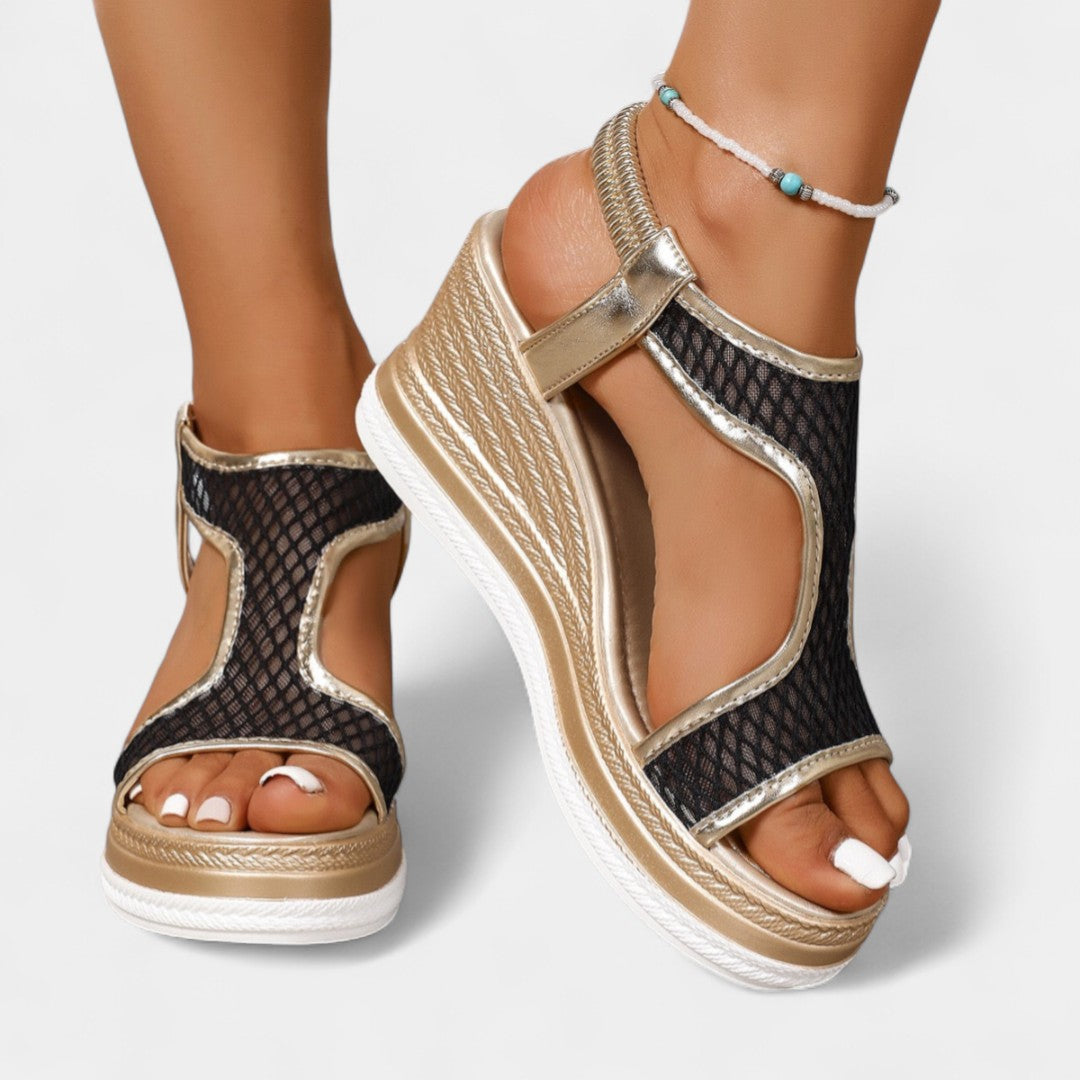 Women’s orthopedic platform sandals, black mesh with gold trim, open toe, ankle strap