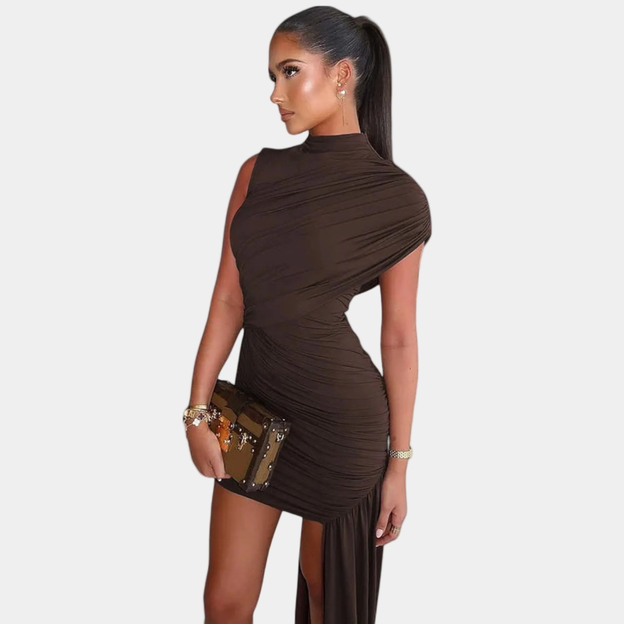 Ruched bodycon mini dress, round neck, sleeveless, dark brown pleated drape hem