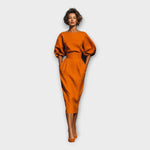 Orange midi dress with puff sleeves, round neck, fitted waist