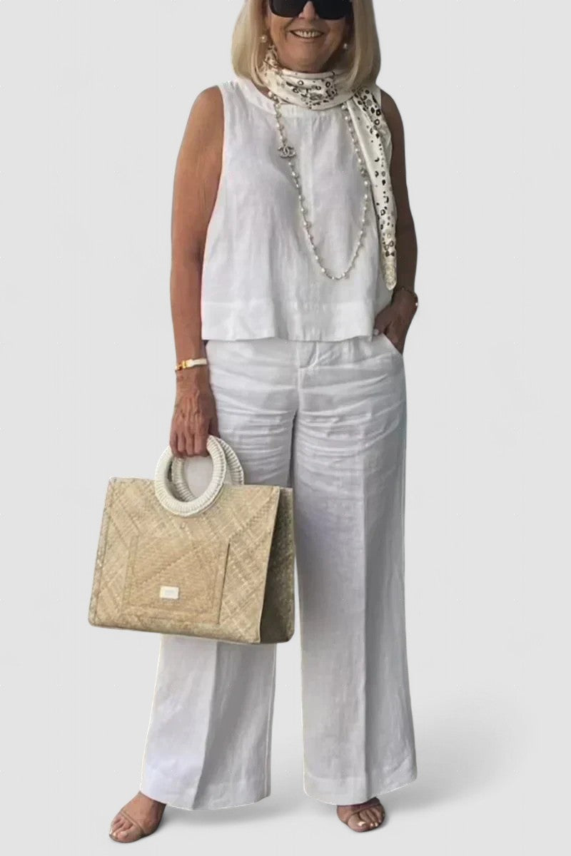White sleeveless cotton-linen top with wide-leg pants