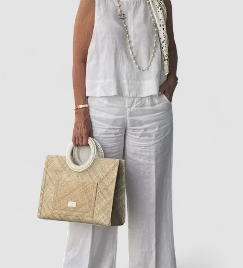 White sleeveless cotton-linen top with wide-leg pants