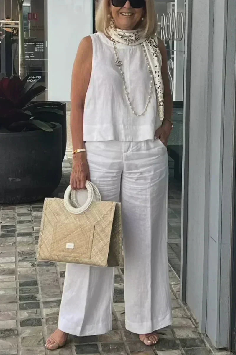 White sleeveless cotton-linen top with wide-leg pants