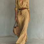 Long khaki wrap-style maxi dress with V-neck, buttons, and draped waist belt