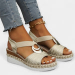 Roman knit sandals, cream open-toe with gold ankle chain and espadrille platform