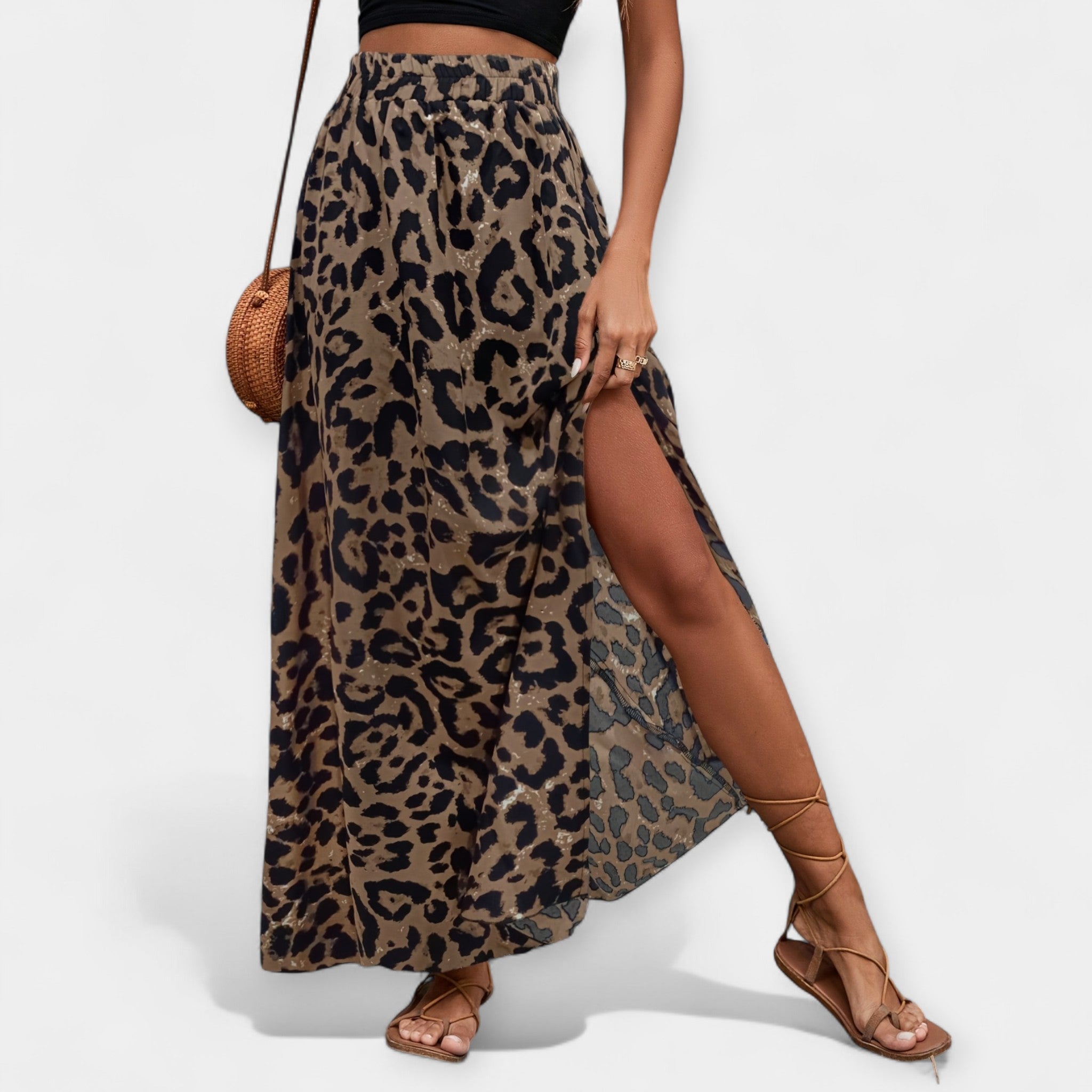 Leopard-print midi skirt with wide elastic waistband and side slit