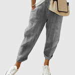 Nina pinstriped trousers in slate gray and white with gathered ankle cuffs