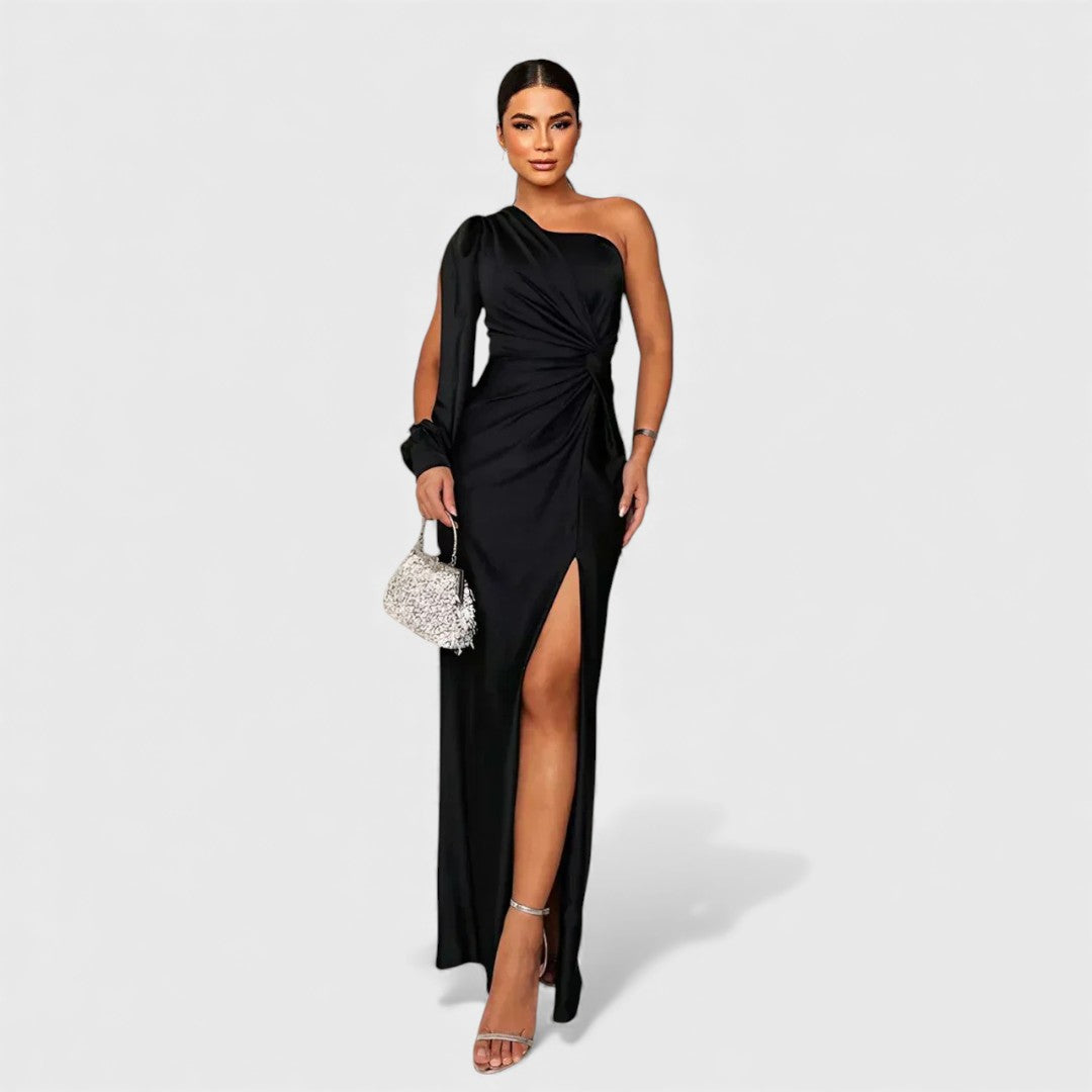 Black one-shoulder maxi evening dress with draped one-side neckline and slit