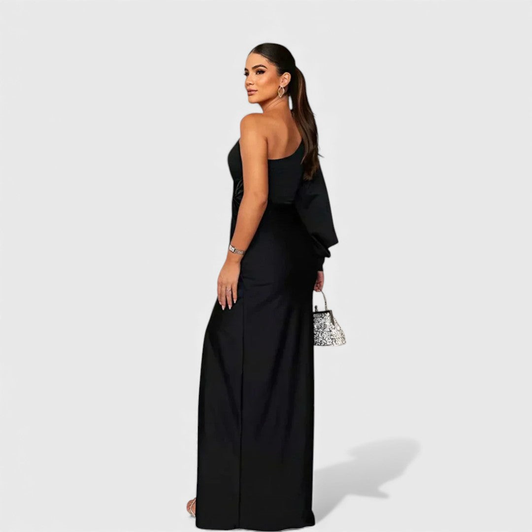 Black one-shoulder maxi evening dress with side slit and long draped overlay