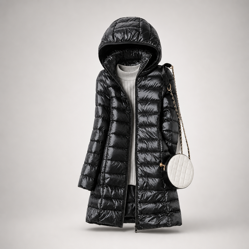 Lightweight quilted hooded jacket in black, full-zip front with shiny padding