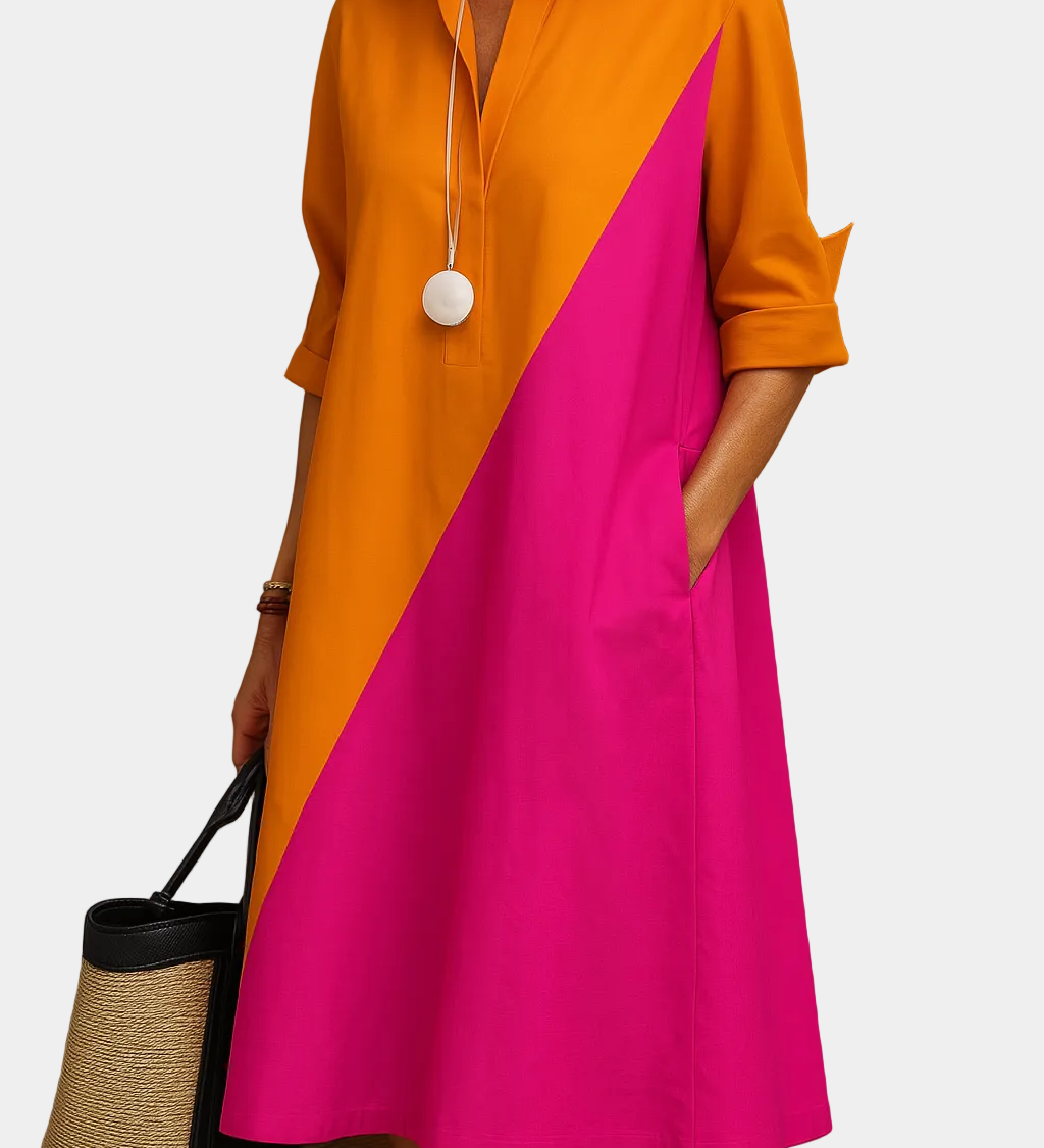 Orange summer dress with magenta diagonal panel, collar, three-quarter sleeves, button front
