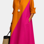 Orange summer dress with magenta diagonal panel, collar, three-quarter sleeves, button front