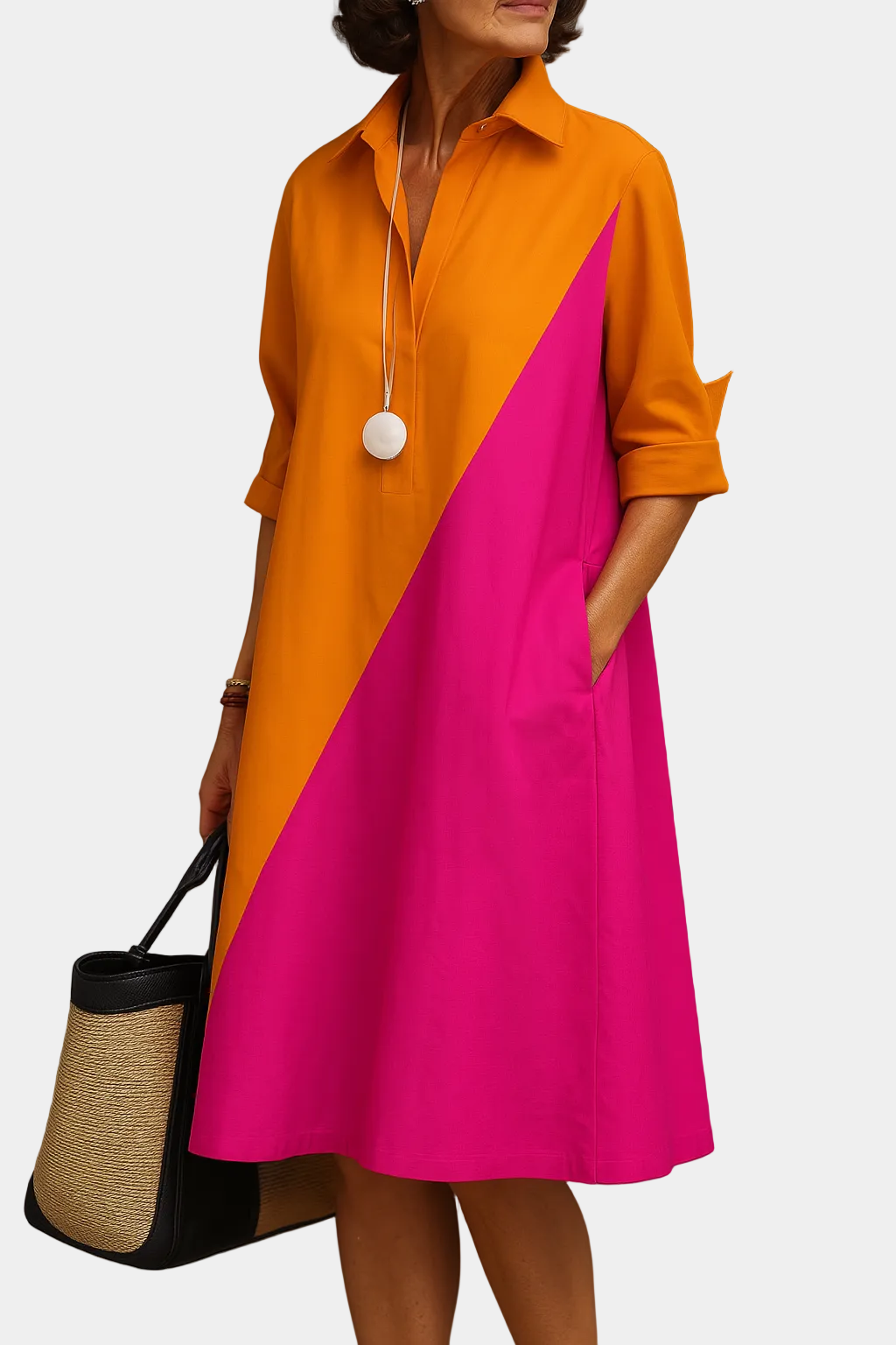 Orange summer dress with magenta diagonal panel, collar, three-quarter sleeves, button front