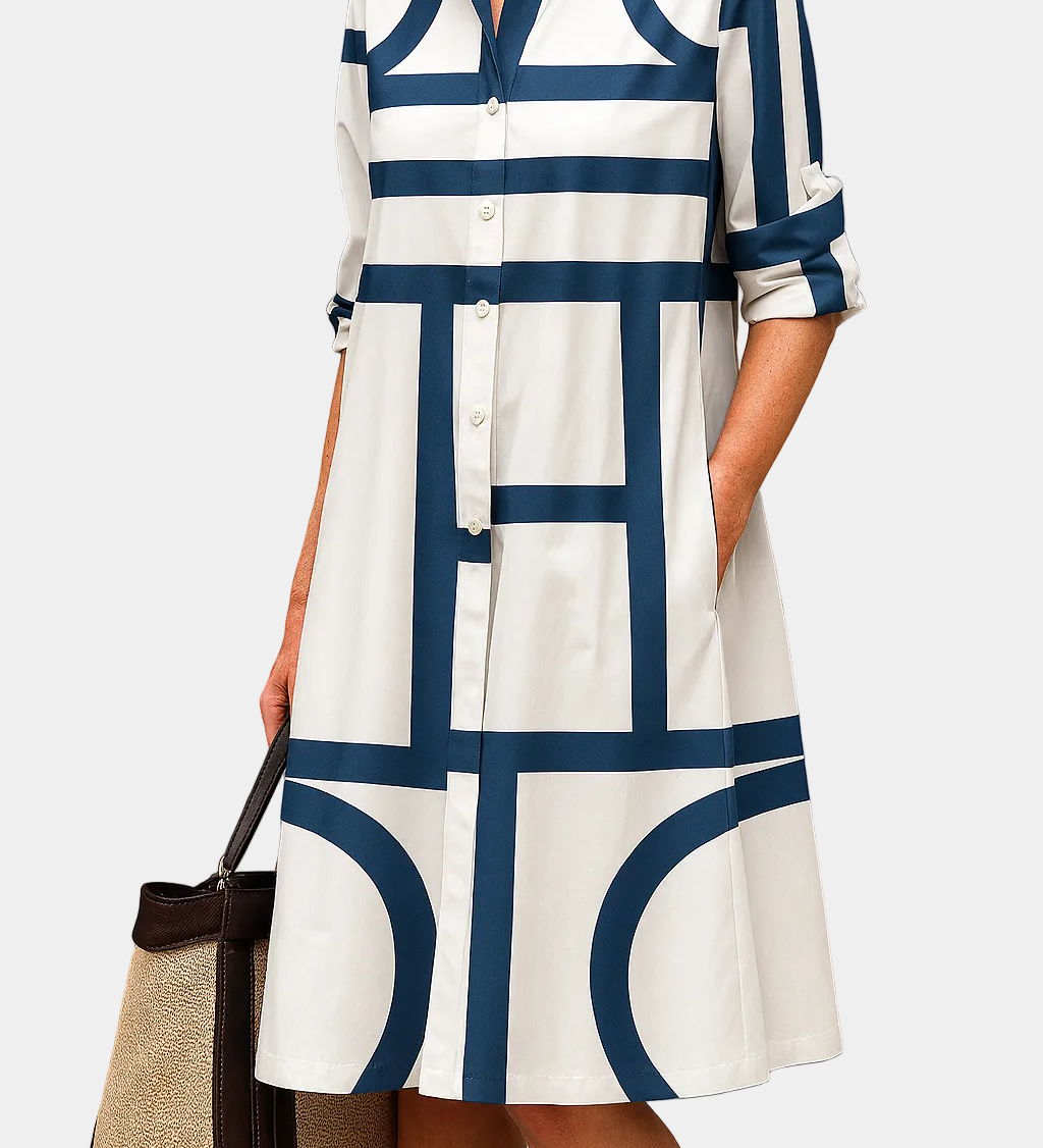Melina summer dress, blue-and-white striped shirt dress with button front and collar