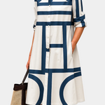 Melina summer dress, blue-and-white striped shirt dress with button front and collar