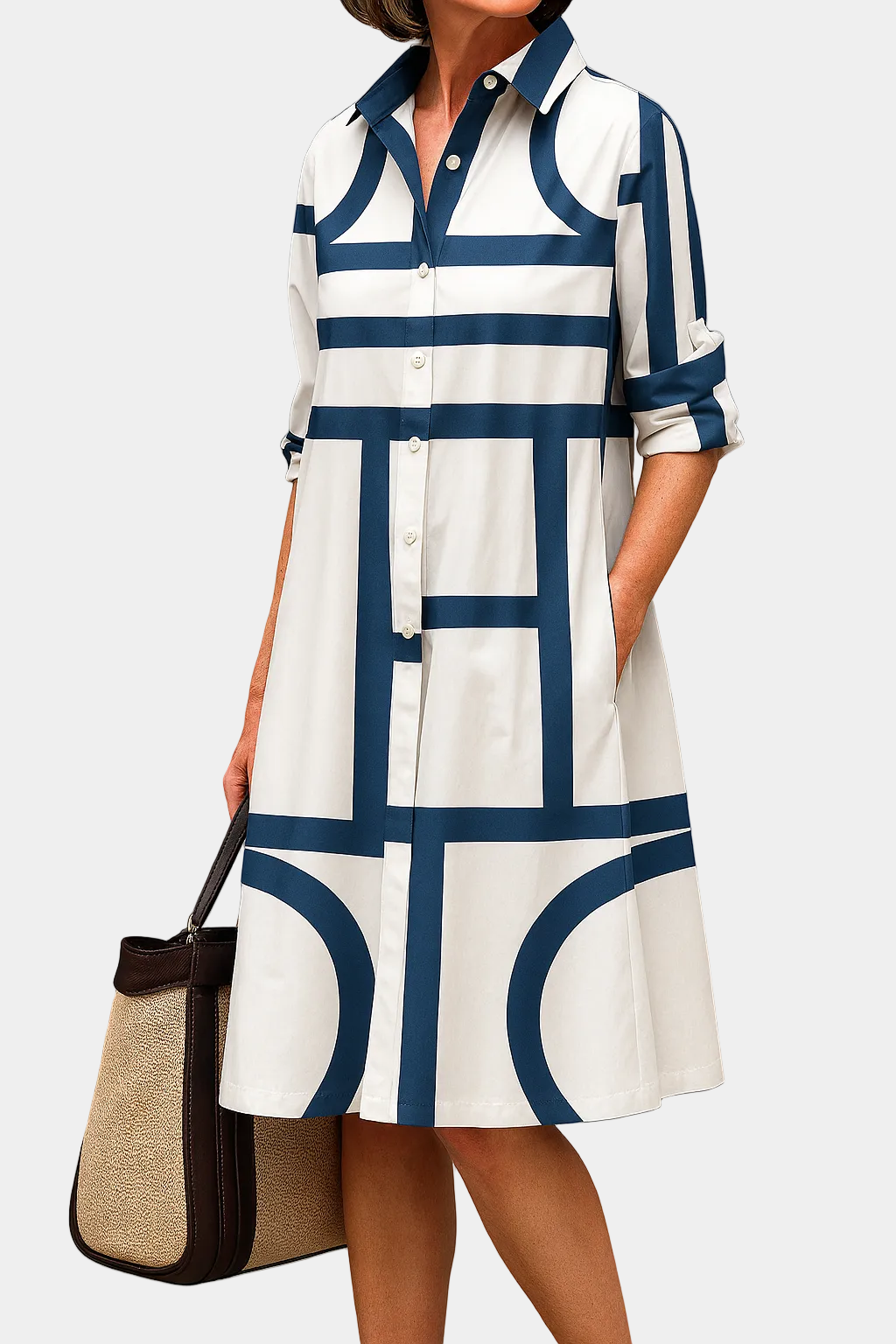 Melina summer dress, blue-and-white striped shirt dress with button front and collar