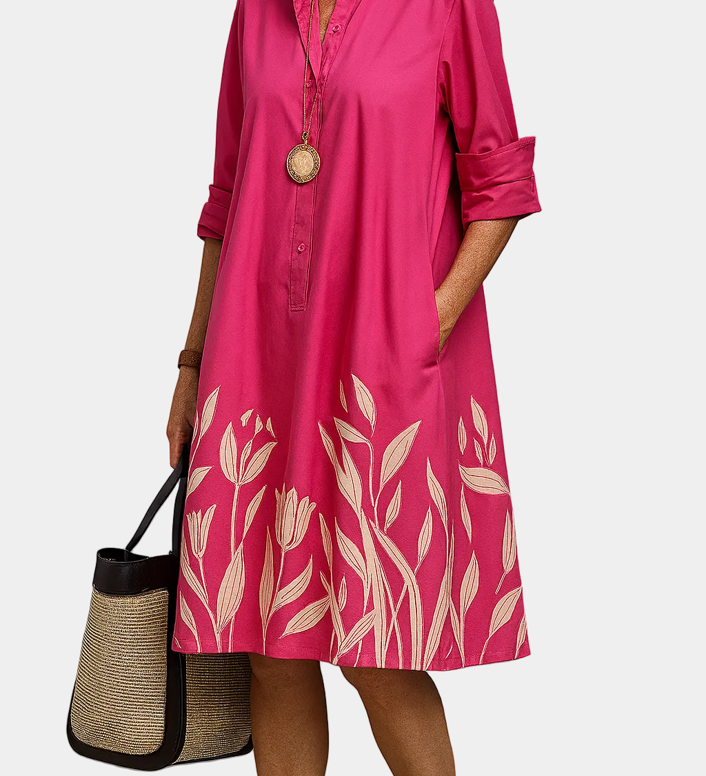 Daphne summer shirt dress in pink with button-front and leaf-print hem