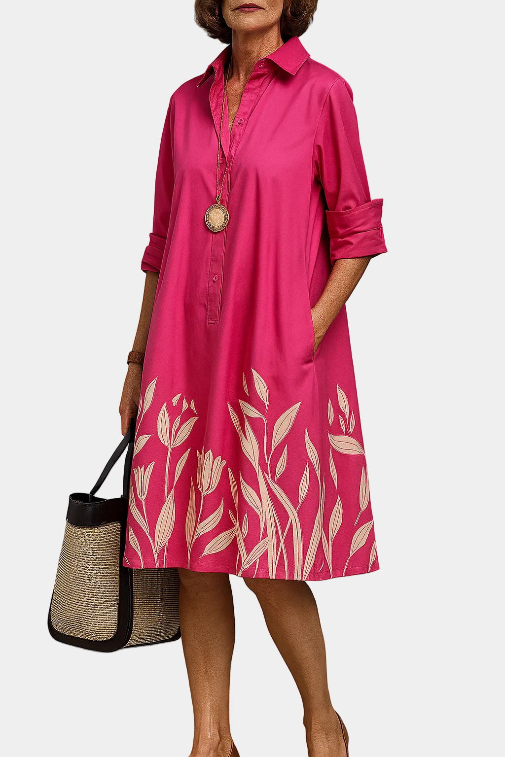Daphne summer shirt dress in pink with button-front and leaf-print hem