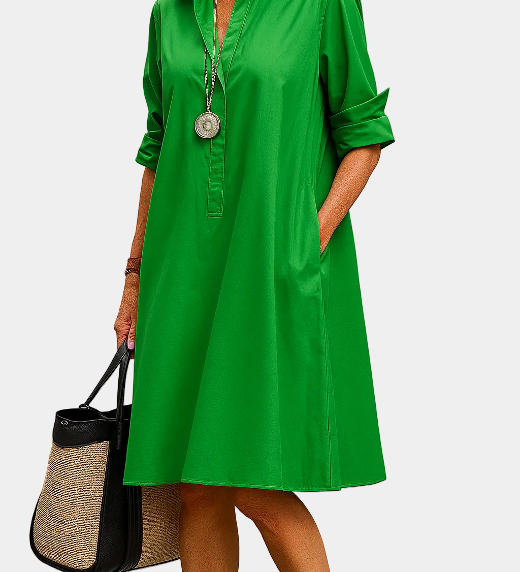 Green button-front summer dress with 3/4 sleeves and stand collar