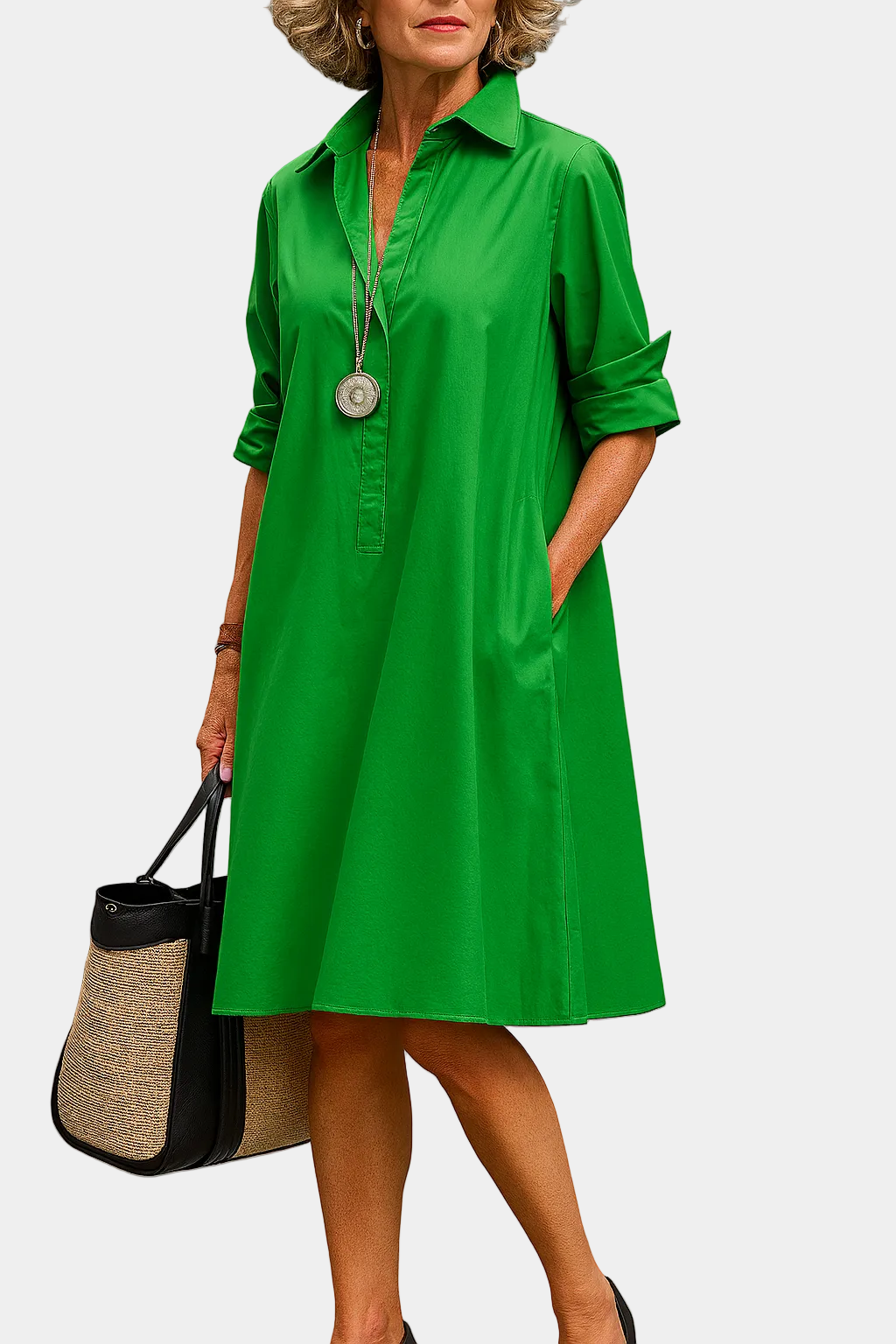 Green button-front summer dress with 3/4 sleeves and stand collar