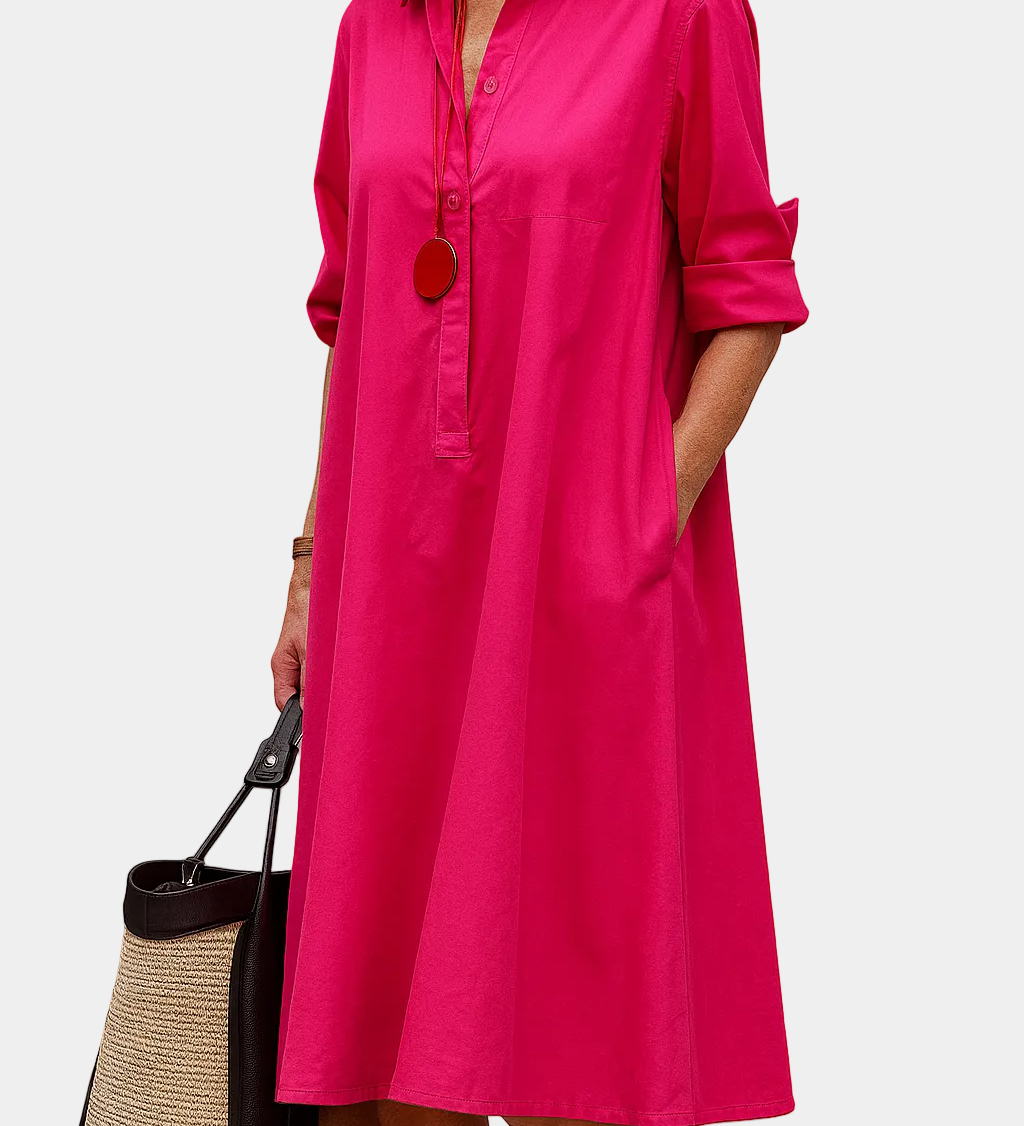 Iris fuchsia button-front shirt dress with collar and rolled sleeves