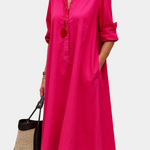 Iris fuchsia button-front shirt dress with collar and rolled sleeves