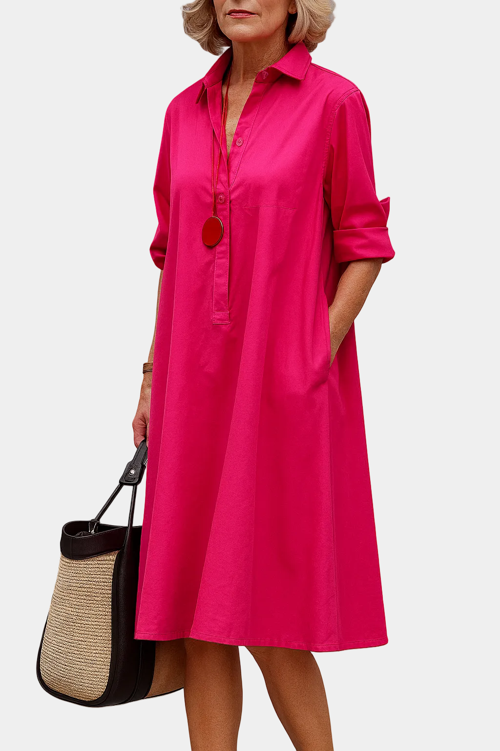 Iris fuchsia button-front shirt dress with collar and rolled sleeves