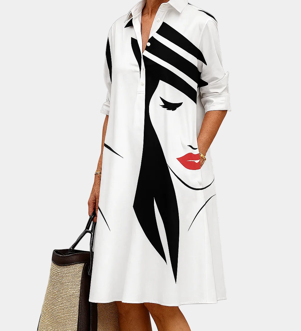 White summer shirt-collar dress with black abstract print and red lips detail