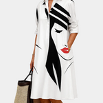 White summer shirt-collar dress with black abstract print and red lips detail
