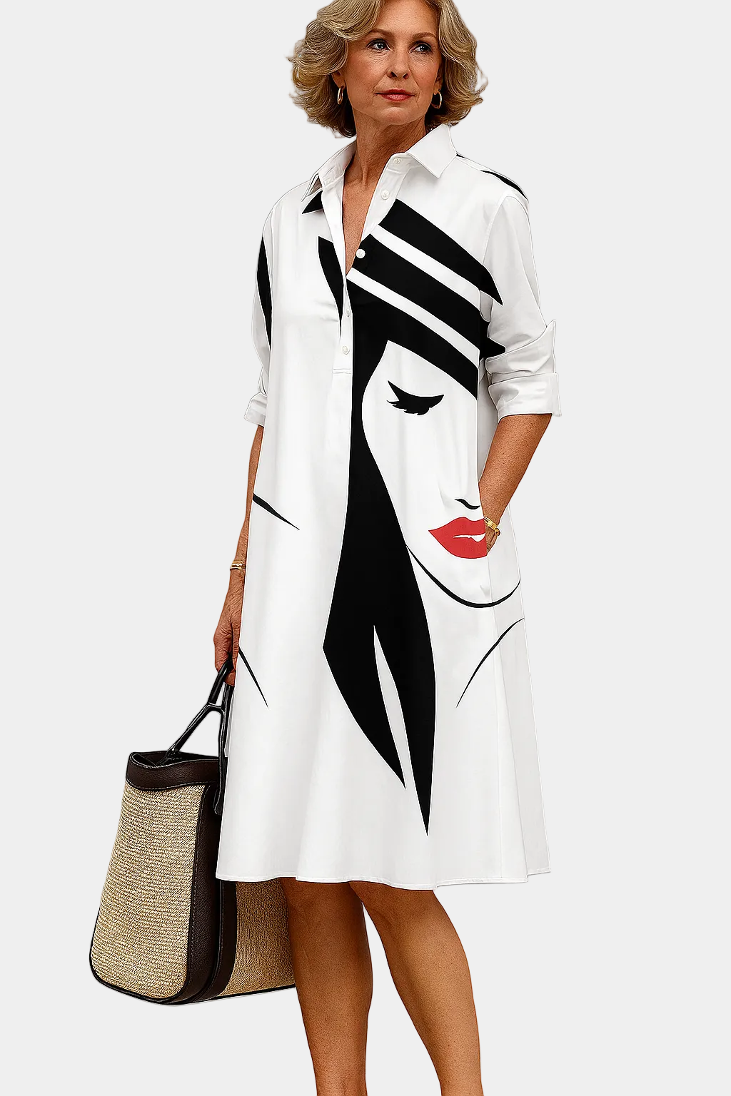 White summer shirt-collar dress with black abstract print and red lips detail
