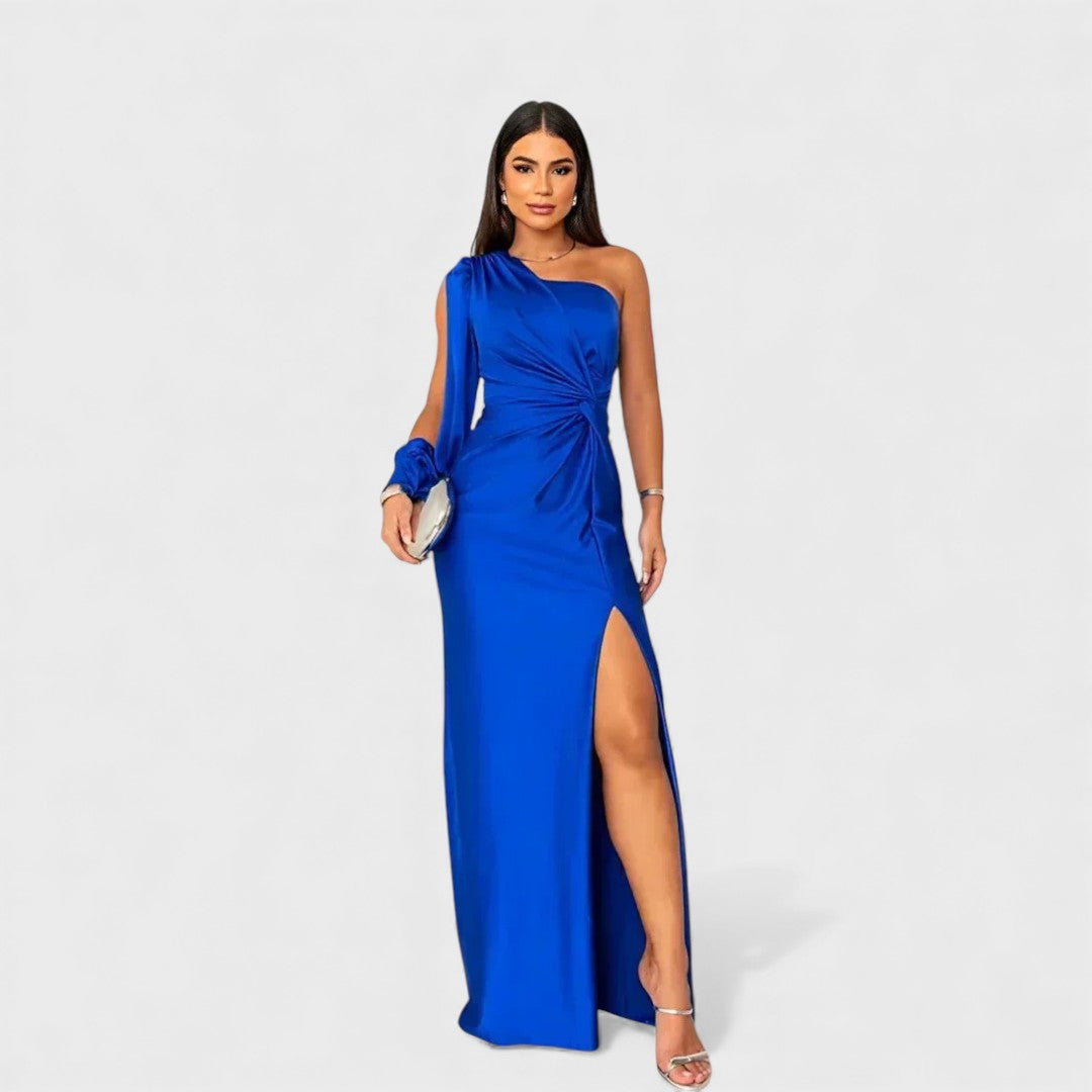 Royal blue one-shoulder maxi evening dress with side slit and twisted front