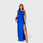 Royal blue one-shoulder maxi evening dress with side slit and twisted front