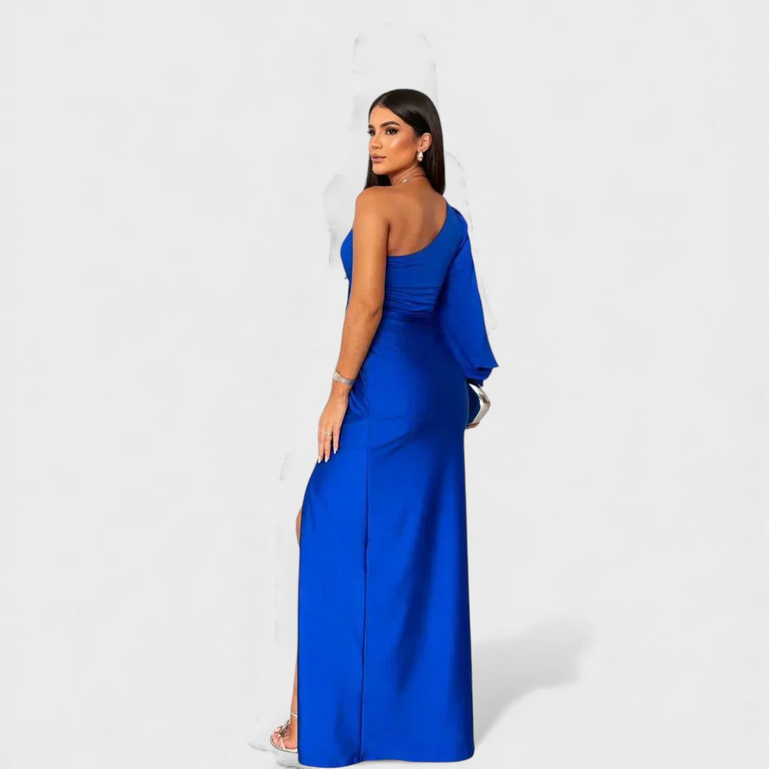 Royal blue one-shoulder maxi dress with draped sleeve and side slit
