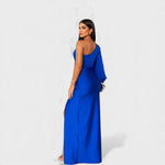 Royal blue one-shoulder maxi dress with draped sleeve and side slit