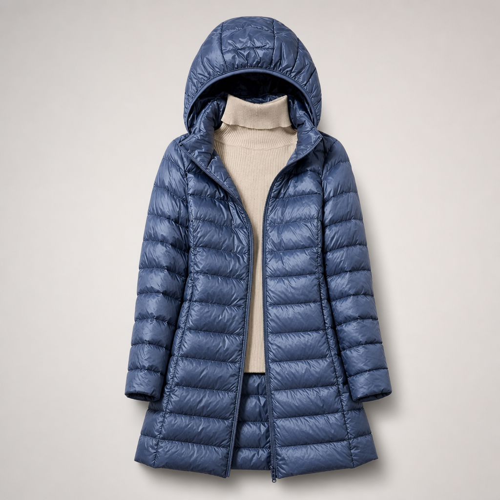 Lightweight quilted hooded jacket in blue, full-zip front and raised hood