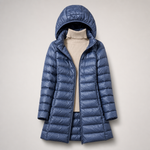 Lightweight quilted hooded jacket in blue, full-zip front and raised hood