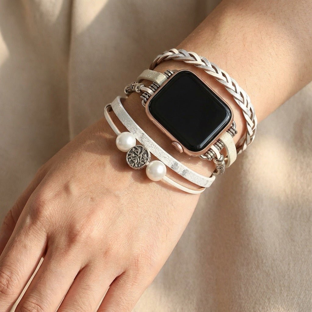 Apple Watch multi-wrap bracelet in white and tan with pearls and Tree of Life charm