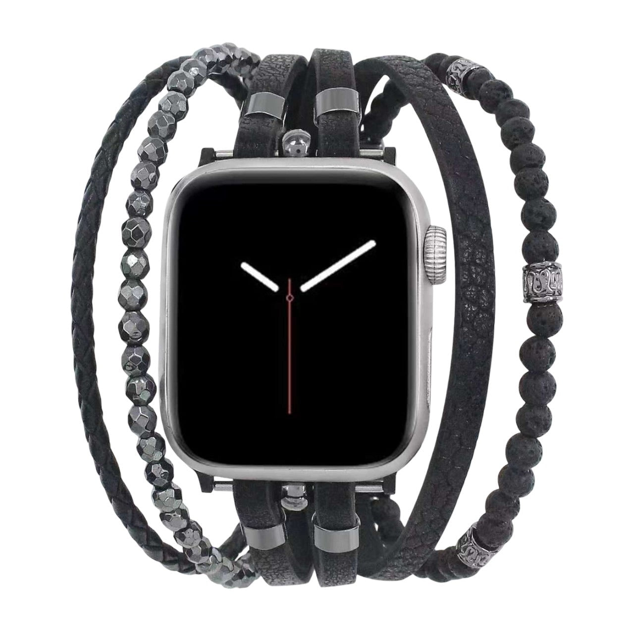 Multi-wrap Apple Watch bracelet with black volcanic stone beads and stainless steel clasp